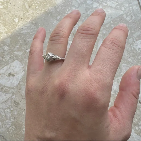 Antique Filigree 14k White Gold Old Mine Cut Diamond Engagement Ring - Picture 4 of 16